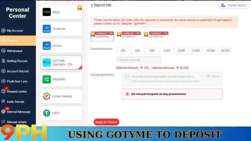 9PH Deposit Methods - A Comprehensive Guide For Gamers 5 Using GoTyme to deposit